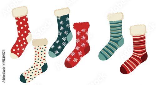 Collection of cozy winter socks with different festive patterns like snowflakes, polka dots, and stripes isolated on a white background.