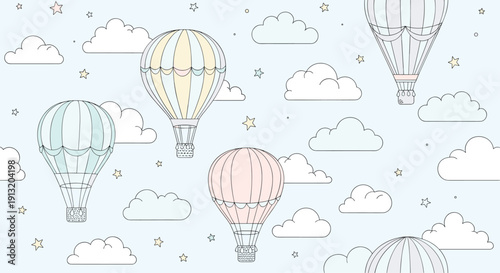 Gentle seamless pattern showing pastel hot air balloons floating among white fluffy clouds and stars in a clear light blue sky.