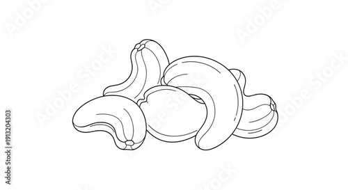 Group of cashew nuts shown in a minimalist black and white line art style for coloring or healthy food advertisement design.