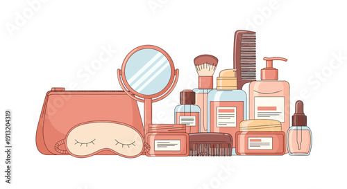 Comprehensive set of beauty cosmetics, skincare bottles, makeup, and grooming tools illustrated in soft pink pastel tones.