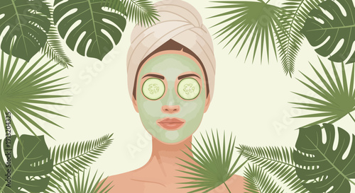 Relaxing Spa Day: A Woman Enjoying a Rejuvenating Facial with Cucumber Slices Surrounded by Tropical Leaves for a Calm and Refreshing Skincare Experience.