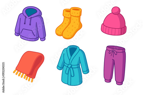 Cozy Clothing Icons. Comfort Clothing flat icons: hoodie, fuzzy socks, knit cap, shawl, robe, warm pants.