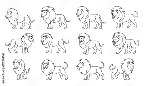 Lion Line Art Vector Icon Set in Various Poses, Minimalist Outline Reptile Illustration_26