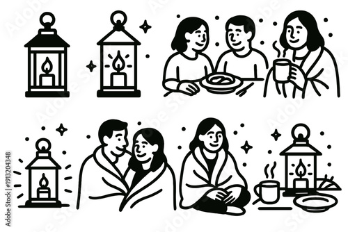 Candlelit Cozy Gathering. Candlelight Gathering outline icons: glowing lanterns, shared meal, friendly smiles, warm drink, cozy blankets, soft light, togetherness, peaceful night.