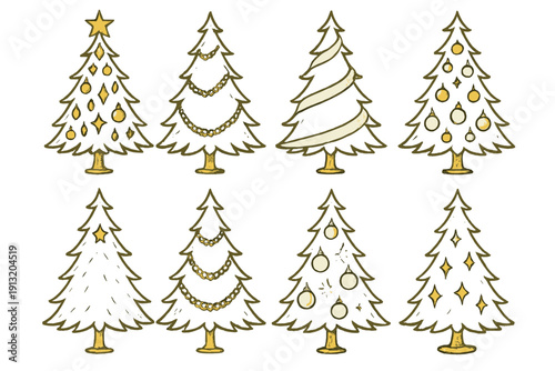Elegant Christmas Tree Icons. Elegant Classic Christmas Trees outline icons: white and gold ornament tree, crystal garland tree, silver ribbon tree, glass bauble tree, golden star