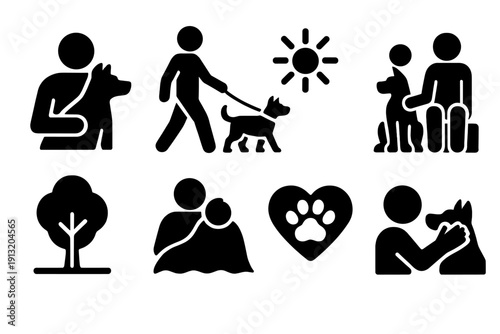 Brutalist Friendship Icons. Friendship Bond silhouette set: person with pet, leash walk, sitting together, sun icon, park tree, cozy blanket, heart paw, gentle touch.