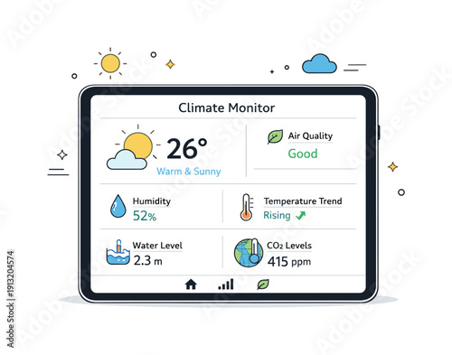 Mobile climate monitoring. A tablet displaying weather and climate metrics in a clean interface. Accessible technology, calm everyday use for