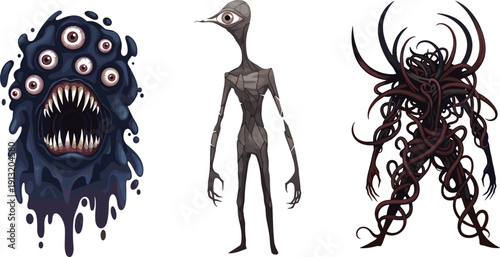 Cartoon monsters illustration, grotesque fantasy creatures with claws eyes tentacles and ghostly forms, eerie horror artwork, spooky design concept, creepy cartoon style