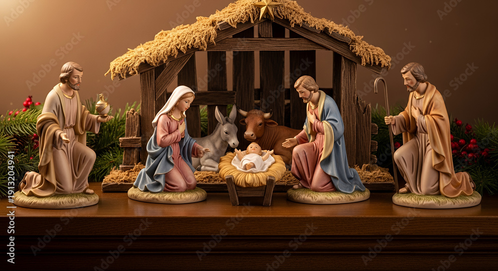 Fototapeta premium Nativity scene with detailed figures, warm lighting, festive atmosphere, soft focus