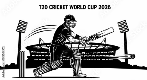 Cricket player in action hitting a shot during a T20 match in a stadium