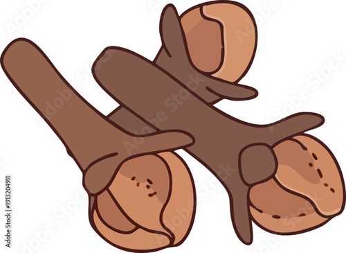 A cluster of dried clove spices, characterized by their distinct nail-like shape with a bulbous head and slender stem, showcasing their aromatic culinary and medicinal properties