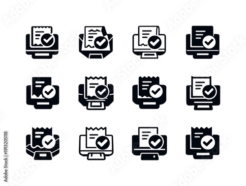 Self-checkout. Icon set. Set Logo of self-checkout: digital receipt confirmation icon. harmonious logo variations of the same emblematic