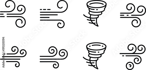 Wind gust and tornado icons representing air movement and weather phenomena - black and white vector illustration set