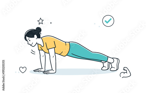 Building strength through movement. A simple scene with a person lifting light weights or doing bodyweight exercises, showing controlled