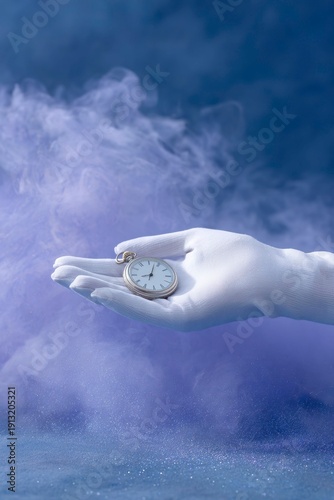 a hand in white gloves floating with an old pocket watch above it, against swirling smoke on dark blue background.