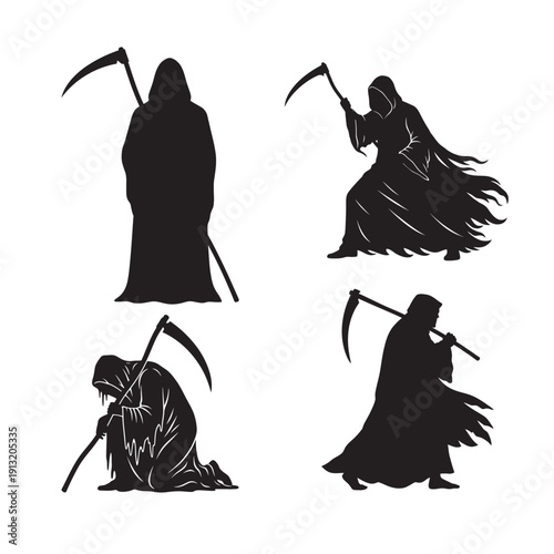 Grim Reaper Silhouette Set - Four Poses of the Personification of Death with Scythe