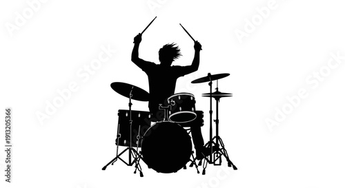 Drummer Playing Drum Set Silhouette.