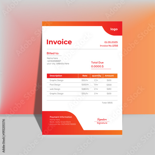 Professional Orange and Red Business Invoice Template with Modern Wave Header