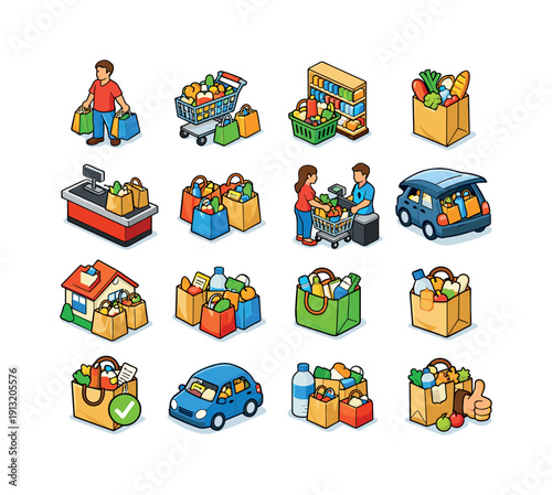 Grocery Shopping. Colorful isometric vector icons set of Grocery Shopping: shopper holding bags, grocery cart bags, supermarket aisle bag,
