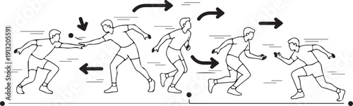 Illustration of a relay race sequence showing the baton exchange between two athletes in motion.