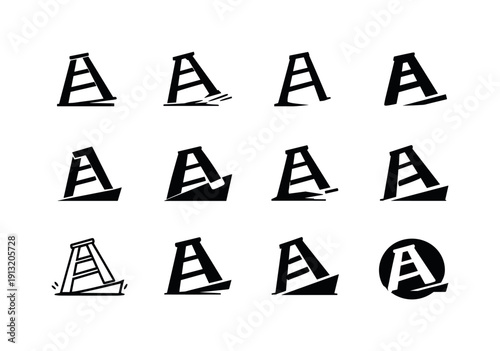 Unsafe ladders. Icon set. Set Logo of unsafe ladders: unstable step ladder. harmonious logo variations of the same emblematic concept, each