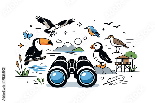 Nature travel for bird lovers. Abstract composition combining binoculars, birds, and rare habitat elements, suggesting specialized wildlife