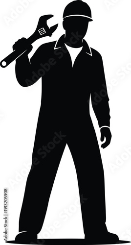 Silhouette of a confident male worker in uniform holding a large adjustable wrench standing against a white background.