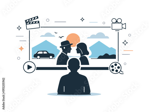 Minimal CGI artist illustration. A single artist silhouette facing a large screen with a stylized film scene and soft glowing elements. The