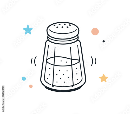 Minimal salt illustration. A single salt shaker drawn with clean lines, softly floating with small decorative elements around. The