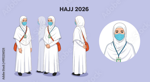 Pilgrims wearing traditional attire and masks, standing in multiple poses and a close-up view