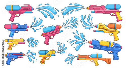 Colorful water guns shooting streams of water, perfect for summer fun and outdoor play.