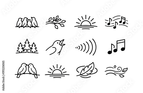 Dawn Chorus Icons. Dawn Chorus. Line icon set of Dawn Chorus: group of birds, treetop branch, sunrise horizon, bird song lines, calm forest, open beak, sound