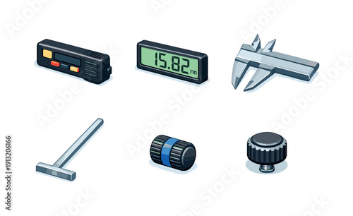 Digital calipers close-up. Isometric flat vector icons set of digital calipers close-up: digital caliper body, LCD measurement display,