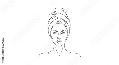Elegant woman with towel wrapped head, serene expression, clean beauty concept