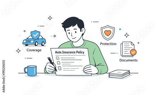 Auto insurance policy overview. A person calmly reviewing a car insurance policy page with icons for coverage, protection, and documents. The