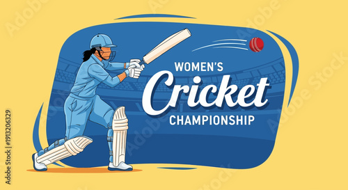 Female cricketer in action during a women's cricket championship match on a vibrant yellow background from a front viewpoint