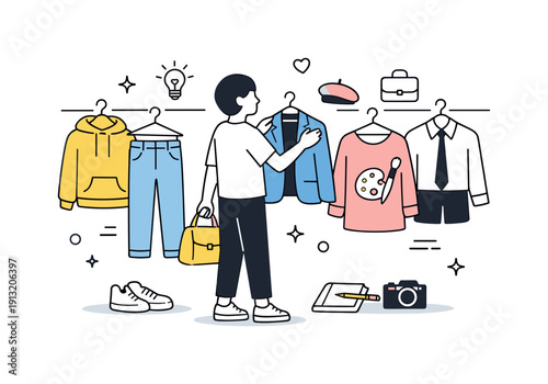 Versatile wardrobe. A person mixes clothing items from casual, creative, and professional styles on simple hangers. Thoughtful scene about