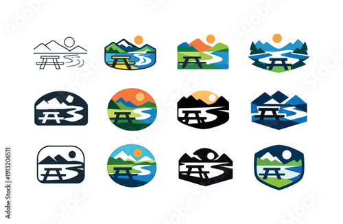 Picnicking by the river with a scenic view. Icon set. Set Logo of Picnicking by the river with a scenic view: picnic table overlooking river.