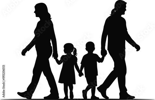 Happy family of four walking together, silhouetted against a plain white background, holding hands in a heartwarming display of love and unity, symbolizing a strong family bond and togetherness.