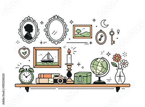 Curated vintage home. A collection of antique frames, mirrors, and objects arranged harmoniously on a wall and shelf. The illustration