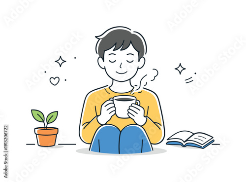 Everyday happiness. A relaxed person enjoys a quiet moment with a cup of tea and gentle smile. Simple pleasure and warmth in daily life.