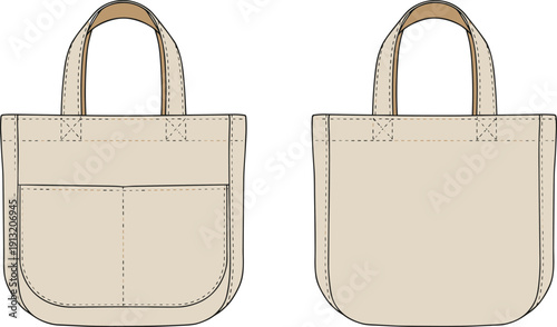 Beige tote bag front and back view fashion flat sketch with pocket vector illustration