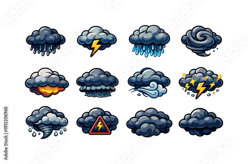 Storm Clouds. Colorful isometric vector icons set of Storm Clouds: dark thundercloud, lightning strike cloud, heavy rain cloud, swirling