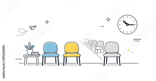 Quiet anticipation. A long empty waiting room with chairs fading into the distance, soft perspective lines. Editorial metaphor for time,