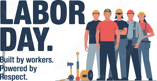 Labor day with five workers and tools construction hard hat