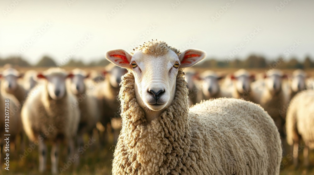 Fototapeta premium A close-up of a woolly sheep looking directly at the camera with a flock of sheep blurred in the background.