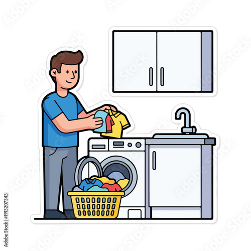 Man doing laundry in a utility room with washing machine, dryer, and sink