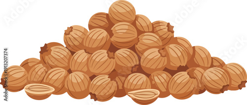 A pile of dried coriander seeds, with two seeds cut in half showing their inner texture, rendered as a vector illustration