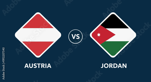 Austria versus Jordan national flags comparison in diamond-shaped icons on dark blue background