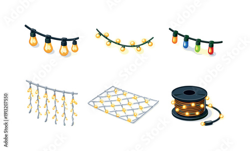 StringLights. Isometric flat vector icons set of StringLights: vintage bulb string, warm yellow lights, mini LED lights, cascading light